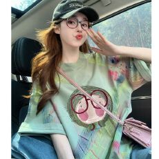 批发官图100%纯棉/后包领宽松短袖<b class='q'>T</b><b class='q'>恤</b>女美式复古印花减龄<b class='q'>中长款</b>上衣