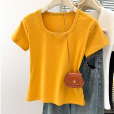 批发实拍<b class='q'>纯棉</b>罗纹韩系甜辣短袖T恤夏季修身内搭外穿<b class='q'>打底衫</b>U领正肩上衣