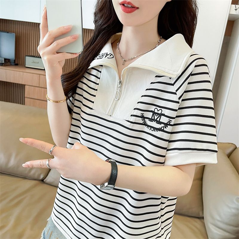100 폴리에스터 2026 여름 새로운 한국 스타일 스트라이프 셔츠 POLO 칼라 지퍼 반팔 동정 여성