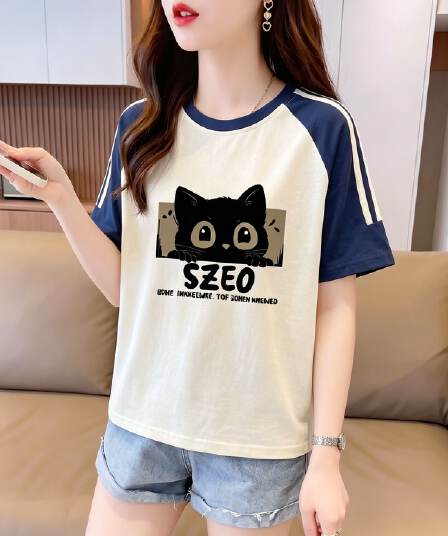 눈꽃 면 65 면 35 폴리에스터 2026 여름 새로운 한국 스타일 삽입 어깨 소매 고양이 프린트 반팔 티셔츠 여성