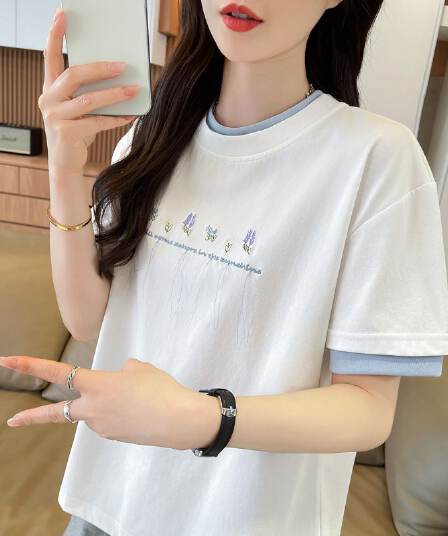 실사 62 면 38 폴리 에스터 반팔 셔츠 여성 여름 드레스 반팔 얇은 스타일 흐름 자수 자수 루즈핏 작은 키 페이크 레이어드 맨위
