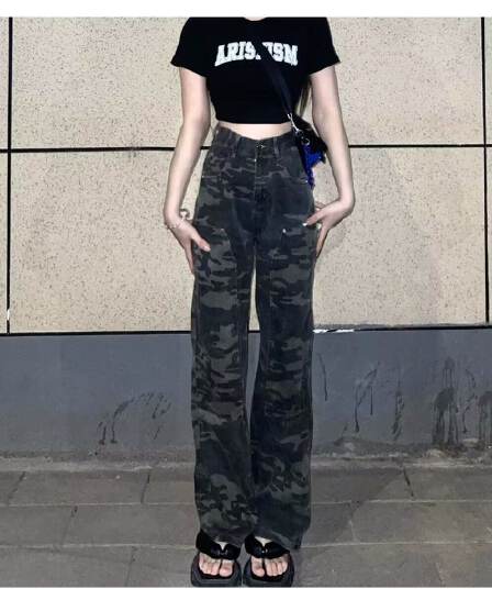 아메리칸 레트로 핫걸 카모플라주 넓은 다리 청바지 여성 봄 여름 새로운 하이웨이스트 루즈핏 슬림해 보이는 스트레이트 바닥 청소 바지