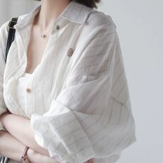 批发2026夏季宽松防晒衣条纹长袖衬衫女秋季中长款外穿上衣潮 手机逛