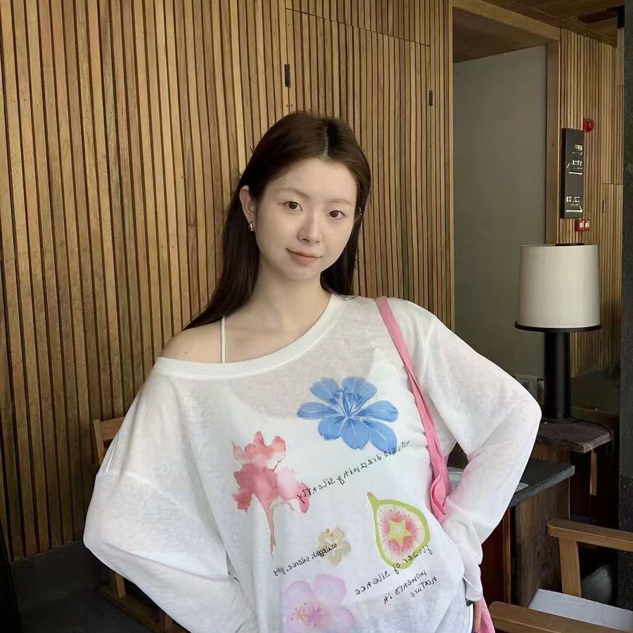 65 면 눈꽃 면 아메리칸 레트로 긴팔 티셔츠 여성 여름 휴가 바람 디자인 센스 루즈핏 느긋한 바람 맨위