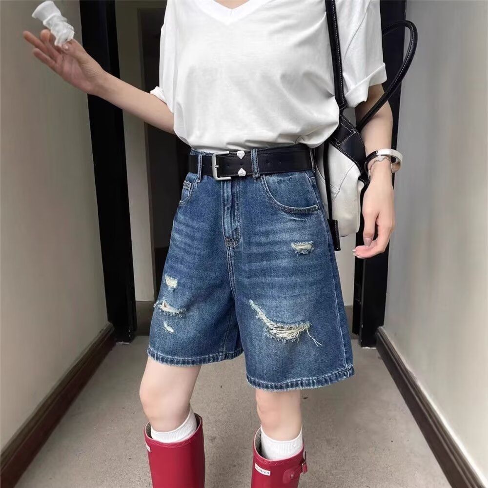 배 모양 몸 찢어진 부분 데님 반바지 여성 봄 여름 새로운 빅 사이즈 통통한 여동생 하이웨이스트 한 마디 넓은 다리 5 점 바지