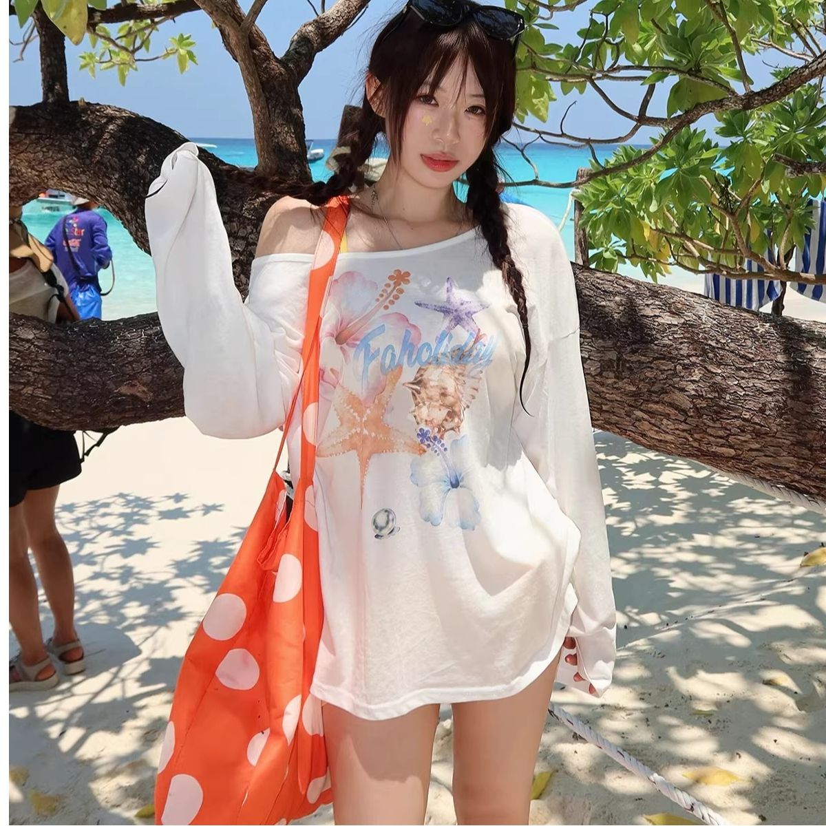 65 면 눈꽃 면 루즈핏 자외선 차단 블라우스 여성 프린트 느긋한 바람 맨위 마이크로 ~을 통해 긴팔 비스듬한 어깨 자외선 차단 블라우스