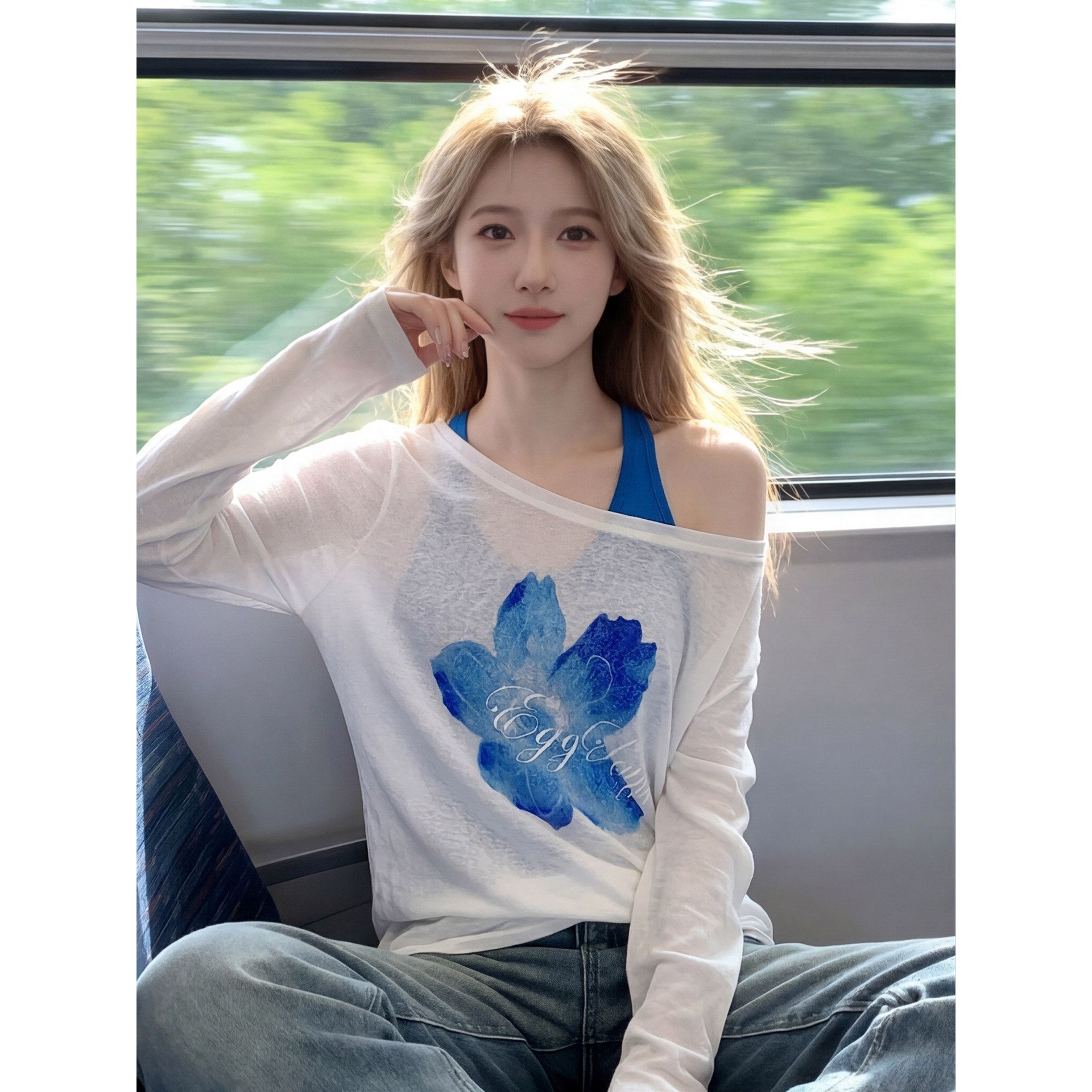 65 면 눈꽃 면 긴팔 티셔츠 여성 새로운 2026 여름 자외선 차단 의류 루즈핏 Tulle 블라우스 외부 잡아라. 의류