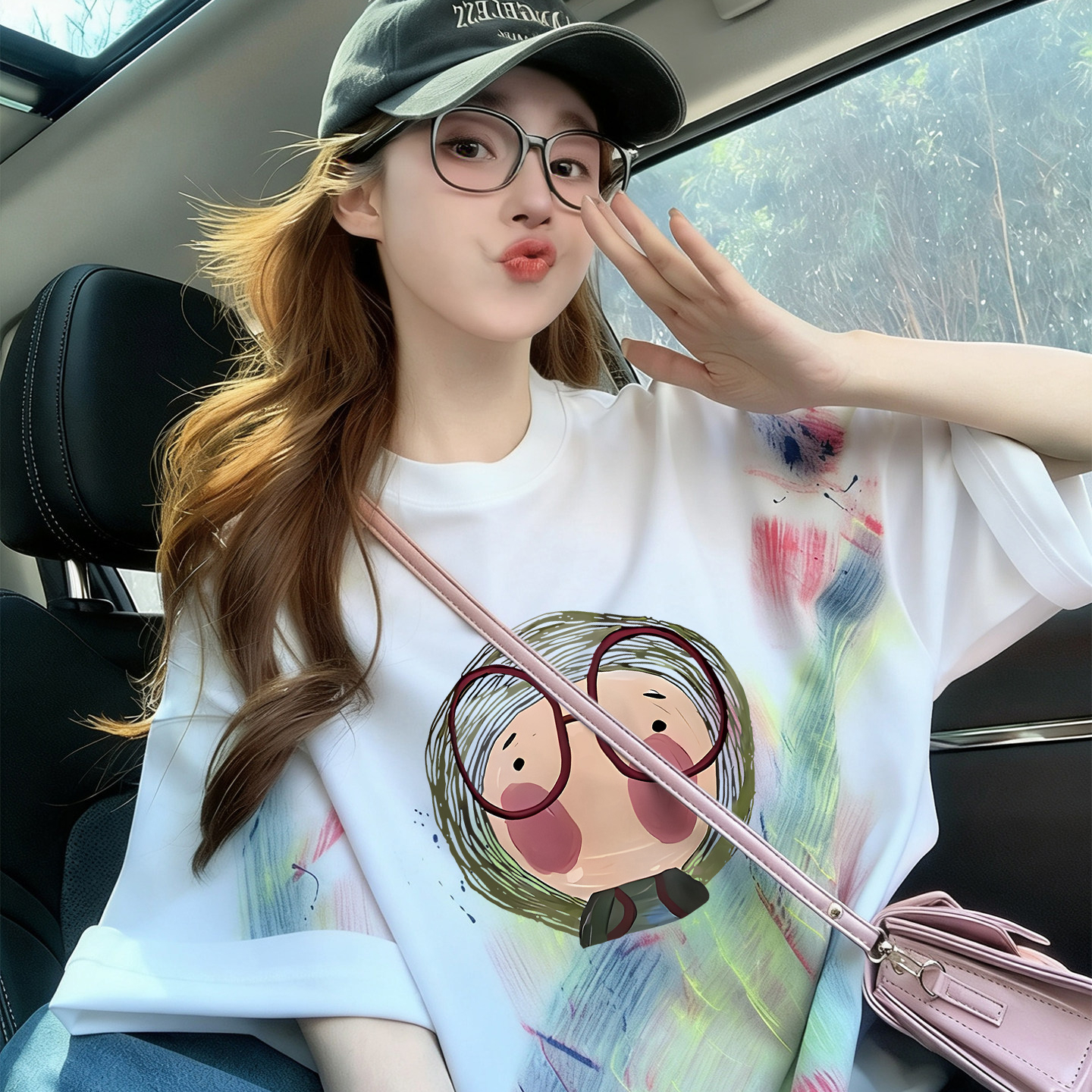 경관 그림 순면 이후 패키지 칼라 루즈핏 반팔 티셔츠 여성 아메리칸 레트로 프린트 연령 감소 중간 길이 맨위