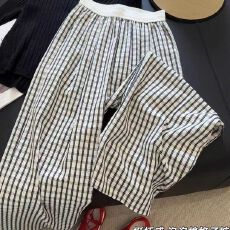 批发夏季韩版薄款泡泡棉条纹休闲长裤女<b class='q'>大码</b>宽松百搭拼接<b class='q'>情侣装</b>直筒裤