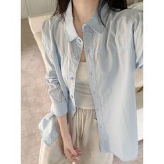 批发【实拍 水洗<b class='q'>全棉</b>】 蓝色衬衫女新款翻领内搭长袖衬衣外穿韩系上衣
