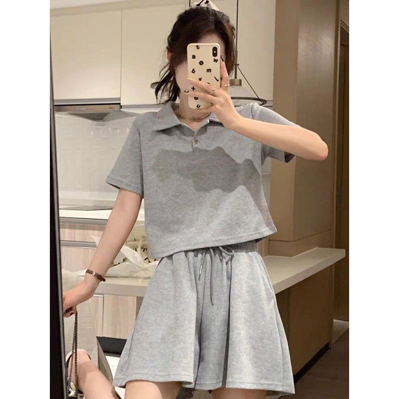 6535 면 POLO 셔츠 반팔 반바지 스포츠 슈트 여성 여름 루즈핏 슬림해 보이는 캐주얼 투피스 세트 트렌디