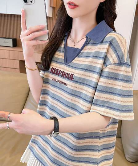 실사 70 면 30 폴리 에스터 원본 품질 반팔 티셔츠 여성 여름 얇은 스타일 POLO 칼라 루즈핏 작은 키 맨위