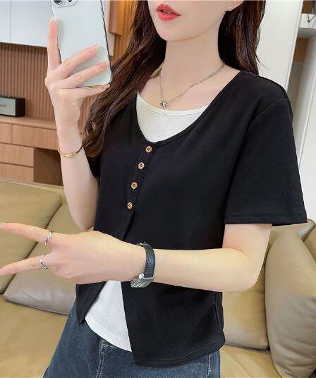실사 한국 스타일 페이크 레이어드 반팔 티셔츠 여성 2026 년 새로운 디 상마 면 싸움 플러그 색상 맨위