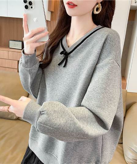 실사 한국 스타일 루즈핏 봄과 가을 리본 레이스 나비 매듭 장식 후아 면 후드티 여성