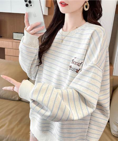 실사 한국 스타일 루즈핏 봄과 가을 자수 스트라이프 색상 포인트 후아 면 후드티 여성