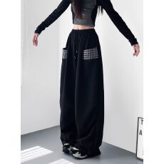 批发【华棉 立体腰】大码<b class='q'>阔腿裤</b>女秋季梨型身材拼接<b class='q'>格子</b>口袋运动<b class='q'>裤</b>