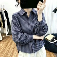批发气质POLO领长袖单排扣洋气短款<b class='q'>格子衬衫</b>女春秋新款宽松百搭上衣潮