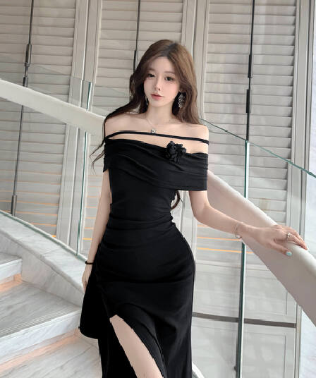 실사 명문 여성 품격 오프숄더 튜브탑 꽃 불규칙 오프숄더 허리 수축 트임 예복 드레스