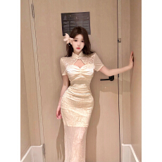 批发实拍新中式国风提花改良旗袍高级感性感收腰包臀中长款连衣裙