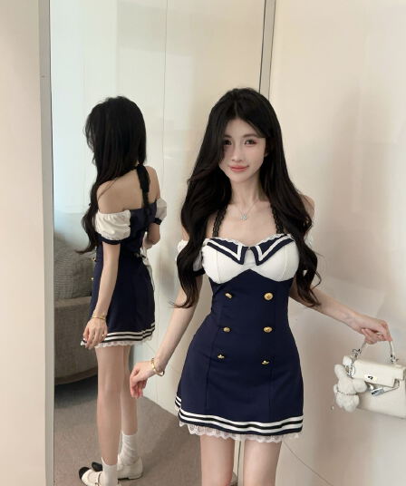실사 학원 스타일 배색 오프숄더 행침 목 작은 키 순수한 욕망 핫걸 거품 소매 섹시함 허리 수축 드레스