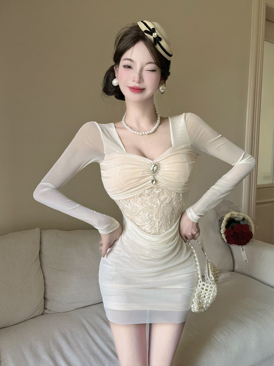 MY70323# 纯欲辣妹性感网纱长袖打底收腰包臀连衣裙女裝貨源服裝批發