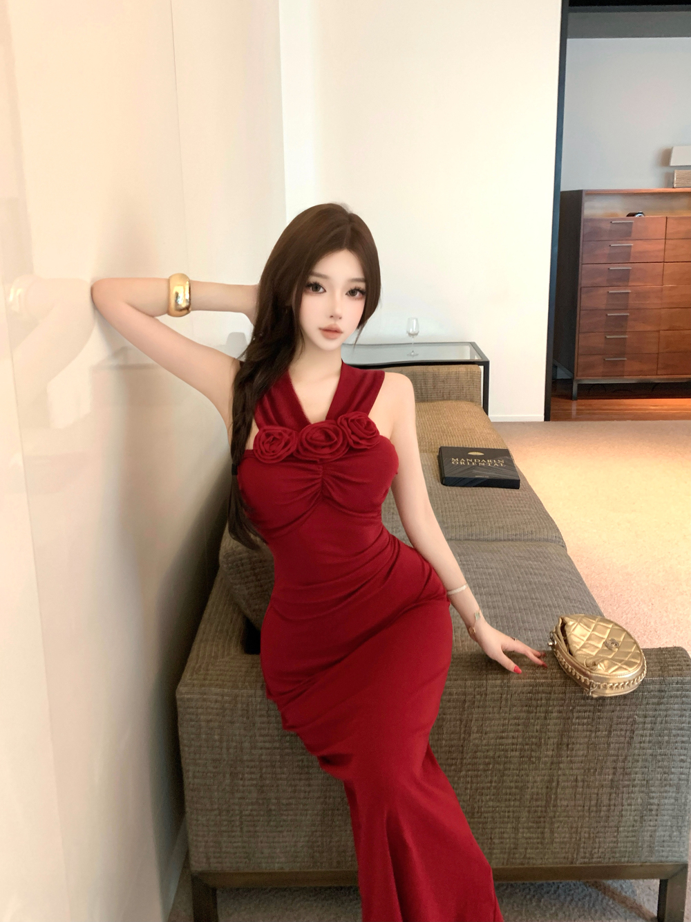MY13633# 法式名媛性感一字肩立体花朵收腰显瘦包臀连衣裙女裝貨源服裝...