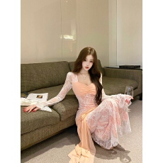 实拍纯欲蕾丝拼接设计感长袖气质收腰包臀鱼尾礼服长款连衣裙