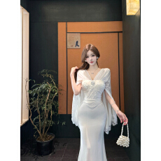 批发实拍法式复古气质名媛设计感斗篷花边显瘦包臀礼服连衣<b class='q'>裙</b>