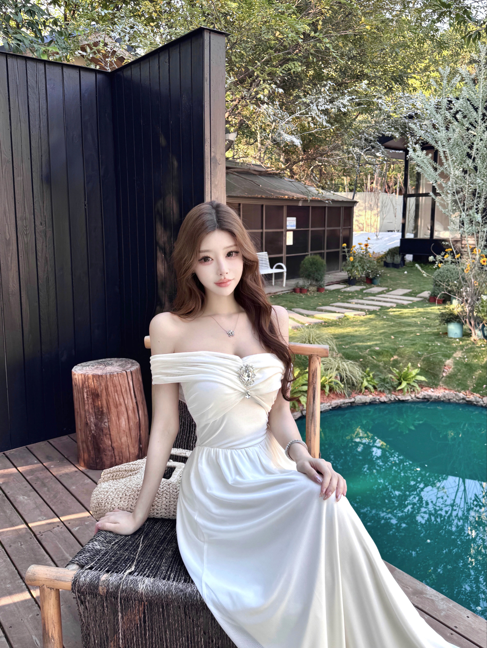 실사 프랑스식 순수한 욕망 디자인 센스 해변가 휴가 오프숄더 주름 튜브탑 분위기 센스 예복 드레스