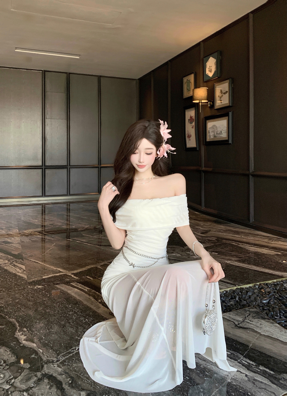 실사 순수한 욕망 망사 오프숄더 튜브탑 휴가 섹시함 핫걸 디자인 센스 허리 수축 타이트 스커트 드레스