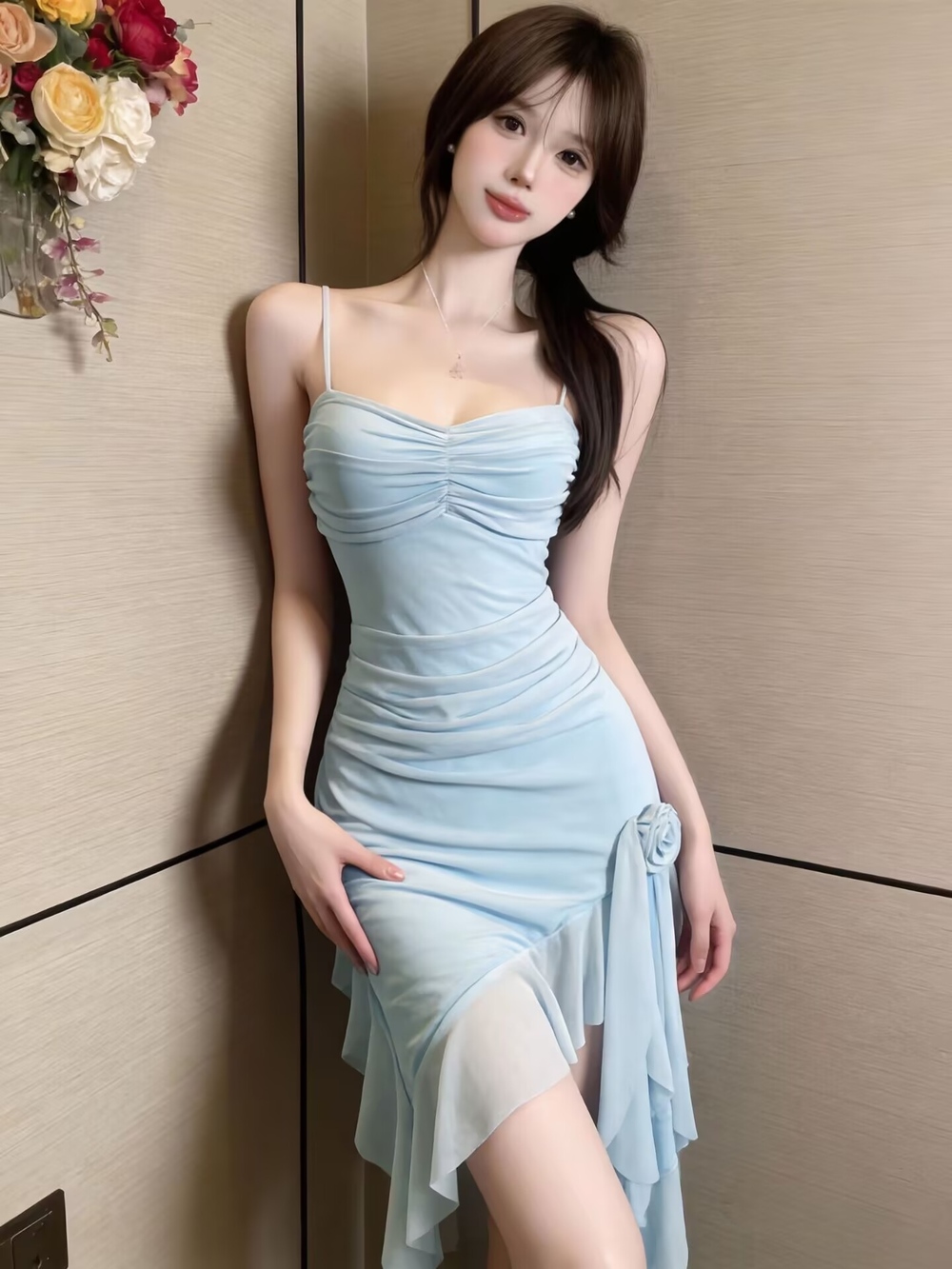 실사 디자인 센스 불규칙 슬립 꽃 주름 허리 수축 슬림해 보이는 품격 드레스