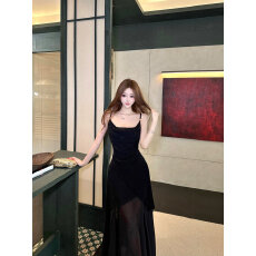 批发实拍纯欲<b class='q'>性感</b>法式荡领网纱拼接不规则吊带<b class='q'>礼服</b>连衣裙