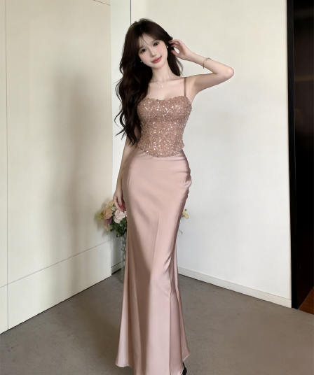 실사 부유 한 가족 천 골드 품격 명문 여성 무거운 작업 스팽글 슬립 튜브탑 맨위 하이웨이스트 인어 꼬리 반신 스커트 투피스 세트