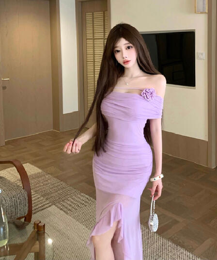 실사 순수한 욕망 오프숄더 불규칙 섹시함 프릴 패치워크 허리 수축 슬림해 보이는 드레스