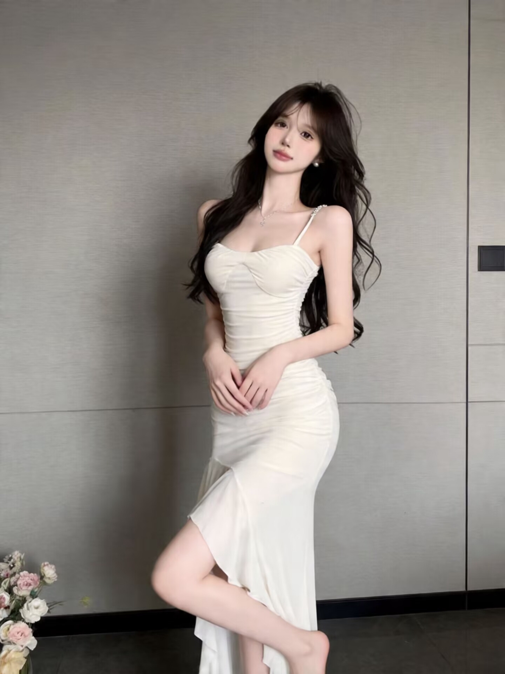 실사 순수한 욕망 섹시함 망사 프릴 트임 품격 슬립 디스플레이 몸 예복 치마