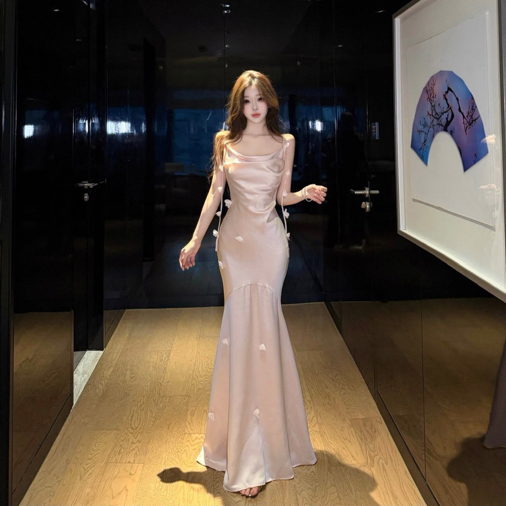 실사 프랑스식 흔들다 칼라 새틴 디자인 센스 3 차원 꽃잎 리본 허리 수축 슬림해 보이는 드레스