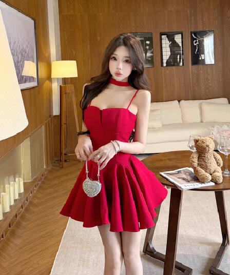 실사 분위기 센스 착용 가져 가라. 빨간색 순수한 욕망 섹시함 핫걸 행침 목 나비 매듭 슬립 퍼프 드레스