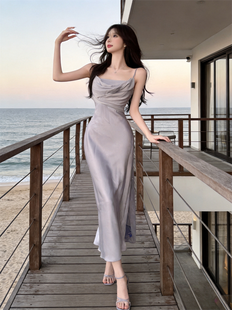 실사 프랑스식 섹시함 새틴 아세트산 슬립 디자인 센스 주름 허리 수축 슬림해 보이는 드레스