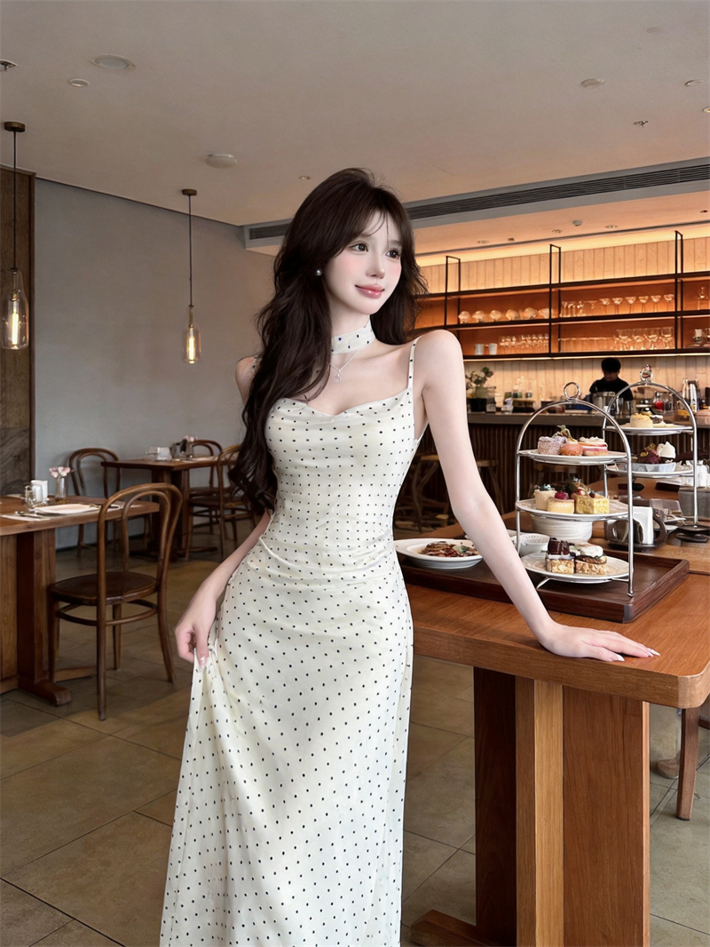 실사 순수한 욕망 작은 키 흔들다 칼라 허리 수축 도트 무늬 슬립 슬림해 보이는 드레스