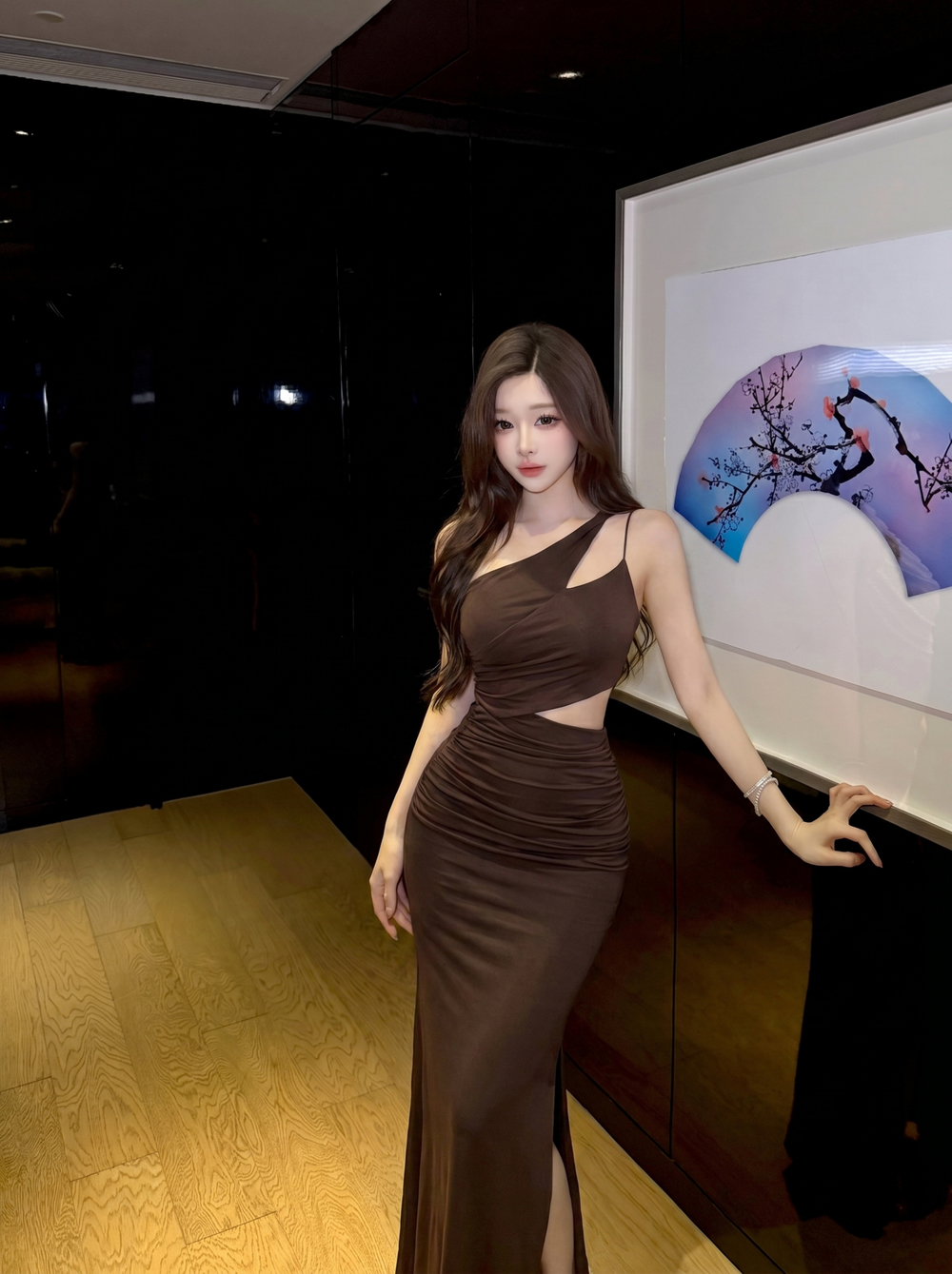 실사 핫걸 비스듬한 어깨 슬립 작은 대중 품격 고급 센스 주름 트임 타이트 스커트 드레스