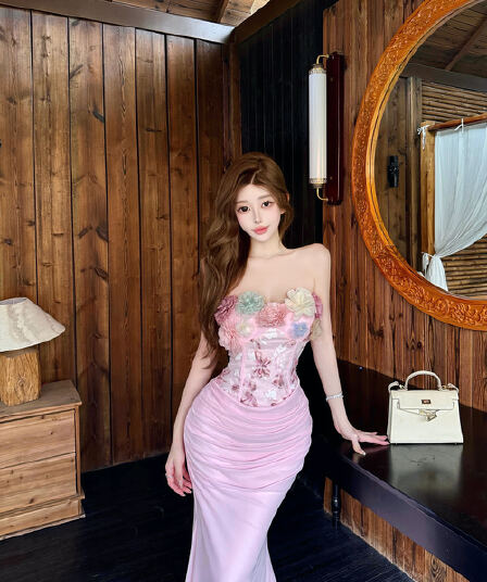 실사 명문 여성 품격 부드러운 핑크색 꽃 레이스 조각 망사 주름 슬립 인어 꼬리 예복 드레스