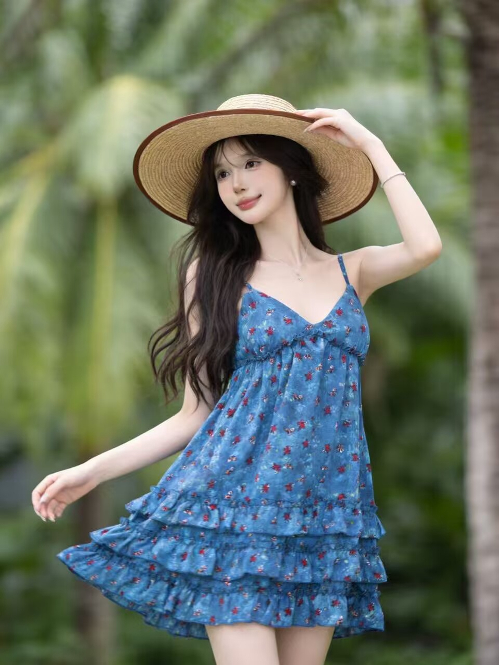 실사 디자인 센스 파란색 슬립 미니 스커트 부드러운 꽃무늬 행침 목 슬림해 보이는 드레스