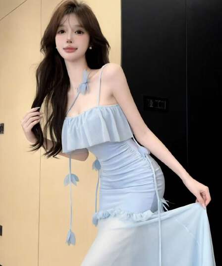 실사 로얄 자매 착용 가져 가라. 순수한 욕망 섹시함 오프숄더 프릴 허리 수축 슬림해 보이는 품격 드레스
