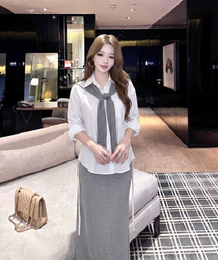 실사 한 부서 학원 스타일 숄 흰 셔츠 반신 스커트 3종 세트 느긋한 바람 세트 여성