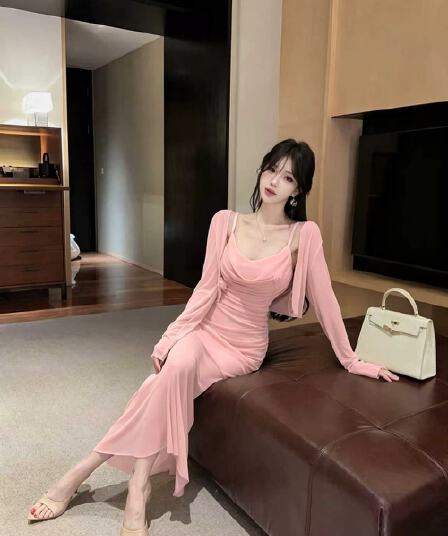 실사 순수한 욕망 흔들다 칼라 슬림해 보이는 시스루 망사 긴팔 오픈 가디건 투피스 세트 타이트 스커트 드레스