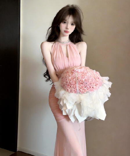 실사 명문 여성 품격 섹시함 행침 목 디자인 센스 망사 휴가 허리 수축 슬림해 보이는 타이트 스커트 드레스