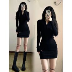 批发德绒连衣裙女秋冬弹力拉链紧身打底短裙长袖纯欲辣妹内搭包臀裙子