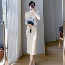 批发新款小妈感新中式改良旗袍长袖修身连衣<b class='q'>裙</b>女装秋冬季包臀螺纹长<b class='q'>裙</b>