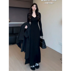 批发法式高级感长款连衣裙女秋冬新款时尚收腰修身显瘦内搭打底包臀裙