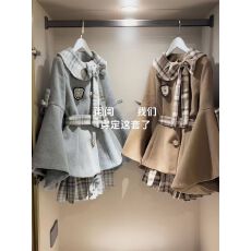 批发栗子海盐秋冬优雅千金学院套装甜美少女毛呢外套两件套短裙